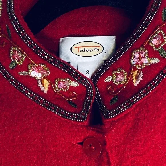 TALBOTS WOMEN'S RED BOILED WOOL BEADED JACKET SZ S